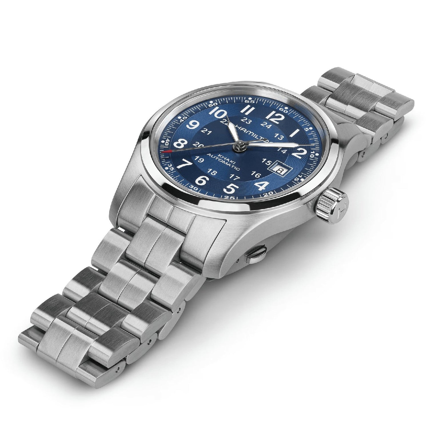 The Hamilton Khaki Field Auto 42mm features a stainless steel case, blue dial with white numerals, date at 3 o’clock, and metal bracelet—showcasing military heritage and the reliable H-10 automatic movement.