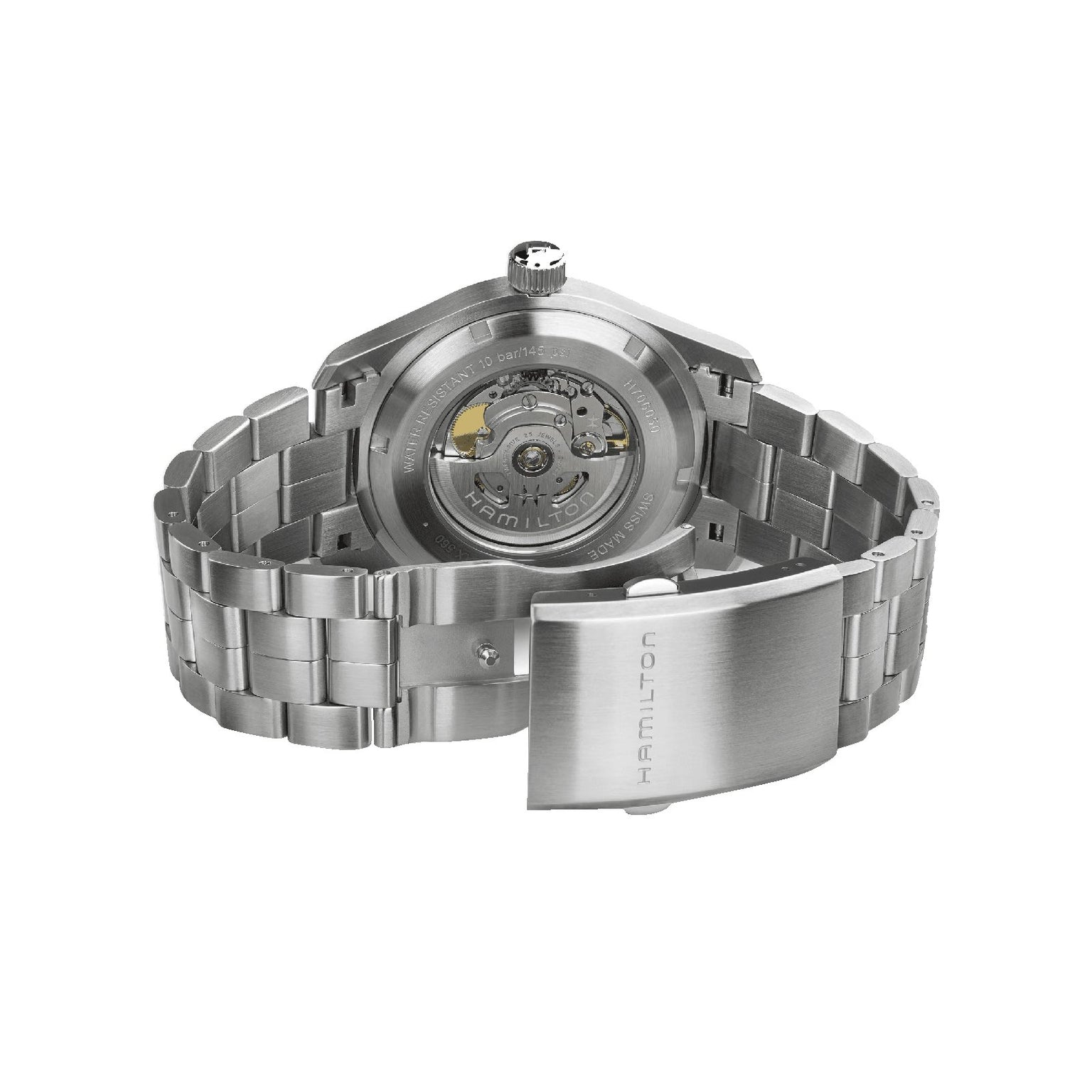 Back view of the Hamilton Khaki Field Auto 42mm stainless steel watch with open bracelet, showcasing its military-inspired H-10 automatic movement and intricate inner workings.