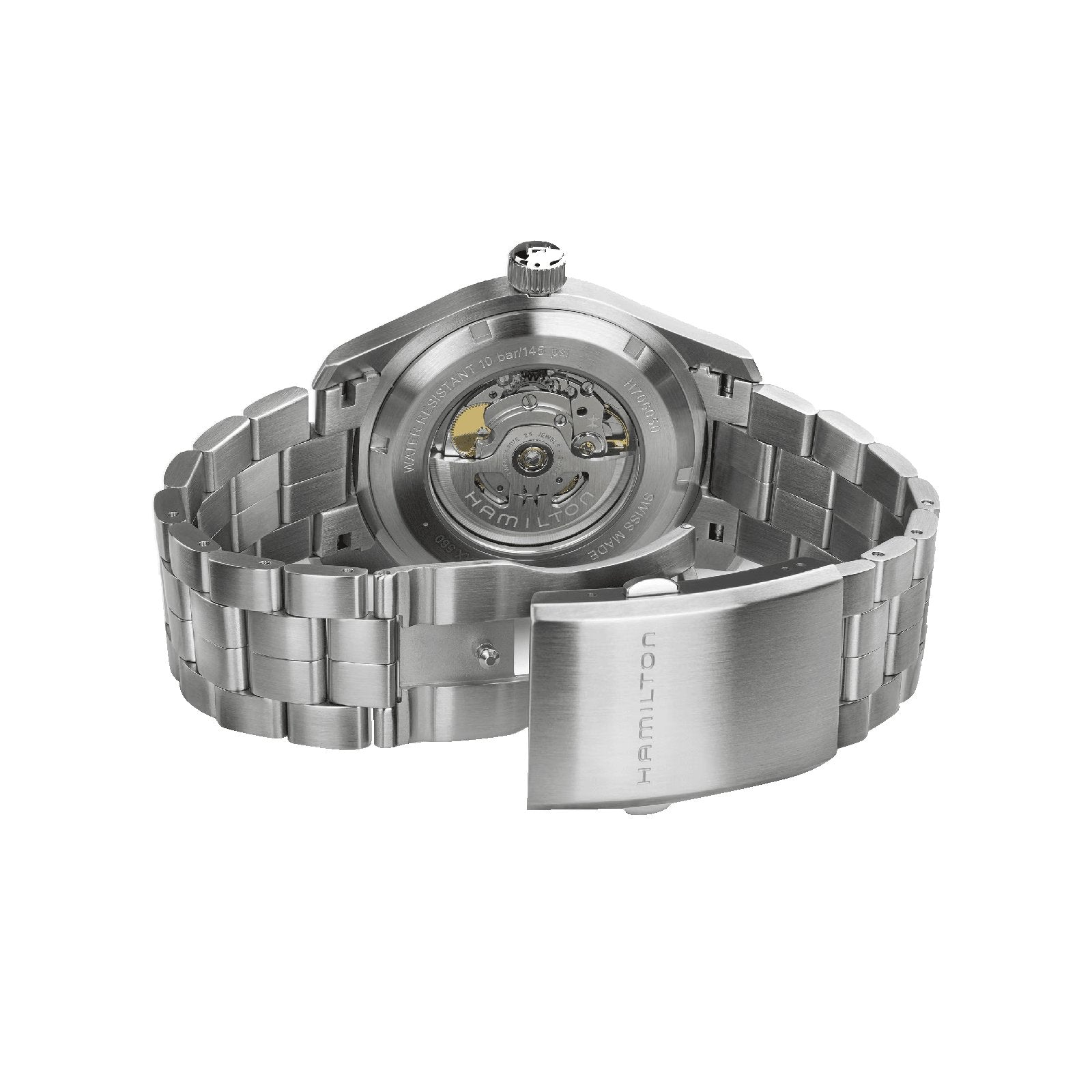 Back view of the Hamilton Khaki Field Auto 42mm stainless steel watch with open bracelet, showcasing its military-inspired H-10 automatic movement and intricate inner workings.