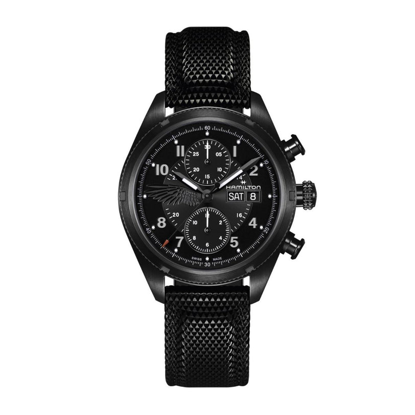 Black wristwatch with detailed face on a white background