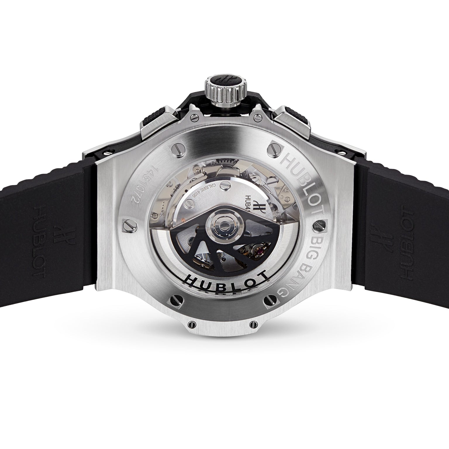 Back view of the Hublot Big Bang Original Steel Ceramic, featuring a transparent case back that reveals its automatic movement, paired with a black rubber strap and crafted from high-tech materials.