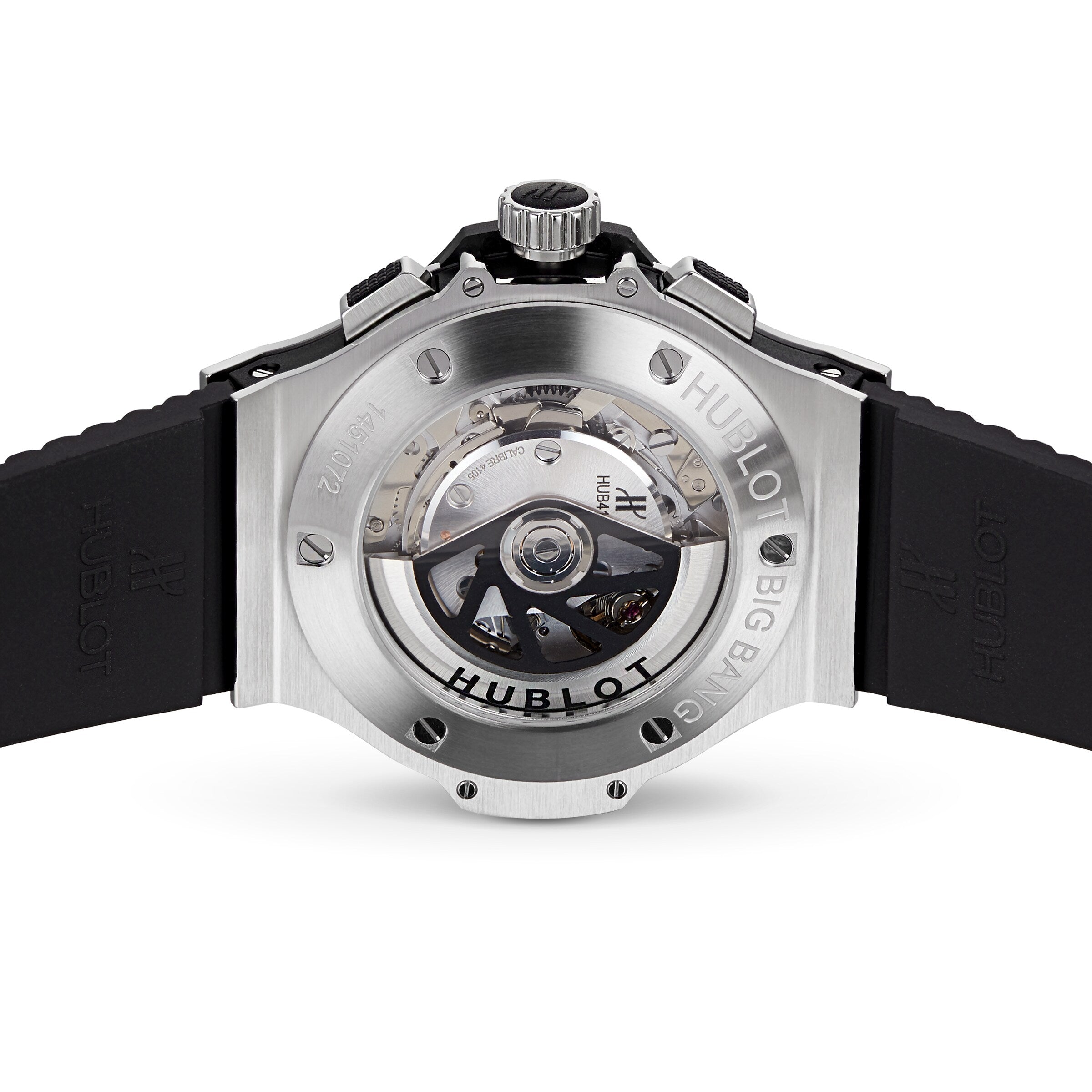 Back view of the Hublot Big Bang Original Steel Ceramic, featuring a transparent case back that reveals its automatic movement, paired with a black rubber strap and crafted from high-tech materials.