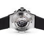 Back view of the Hublot Big Bang Original Steel Ceramic, featuring a transparent case back that reveals its automatic movement, paired with a black rubber strap and crafted from high-tech materials.