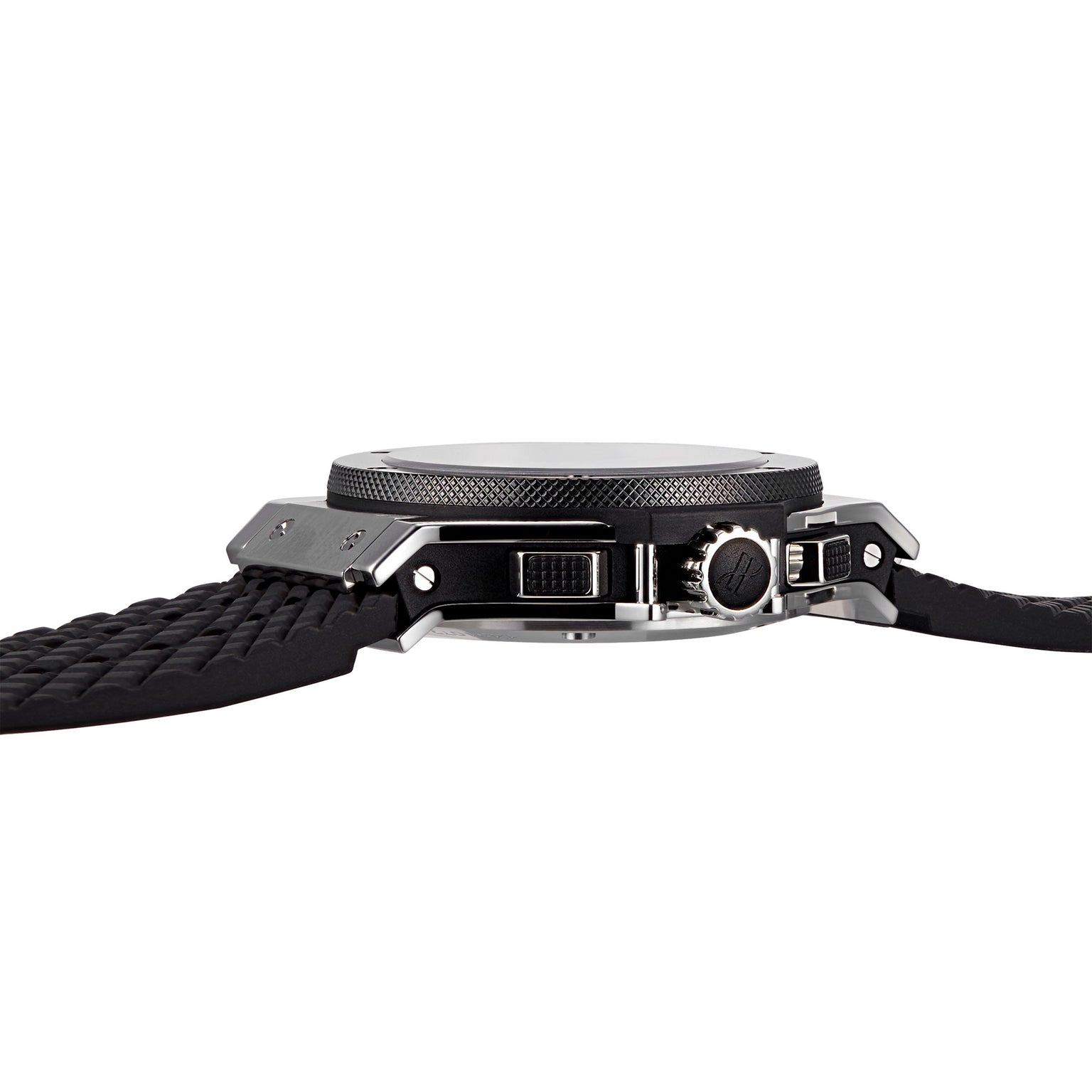 Side view of the Hublot Big Bang Original Steel Ceramic, featuring a black textured strap, round metal case, and visible crown—highlighting the advanced materials in its automatic chronograph movement.