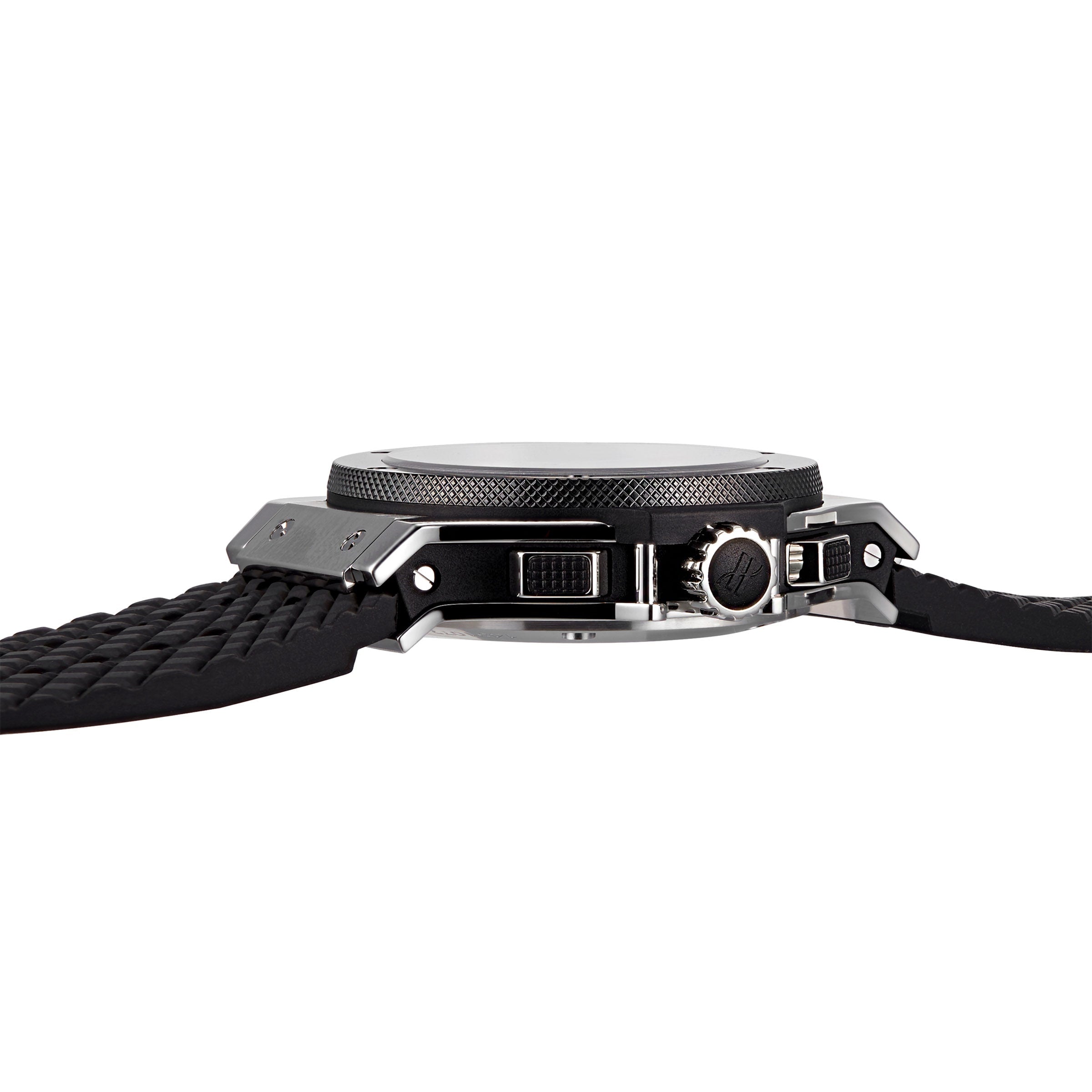 Side view of the Hublot Big Bang Original Steel Ceramic, featuring a black textured strap, round metal case, and visible crown—highlighting the advanced materials in its automatic chronograph movement.