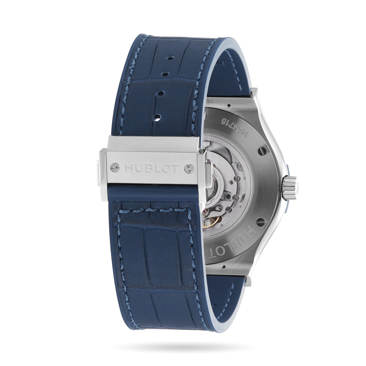 Back view of the Hublot Classic Fusion Titanium Blue, showing its blue textured strap, titanium case, stainless steel clasp, and visible mechanical movement through the transparent case back.