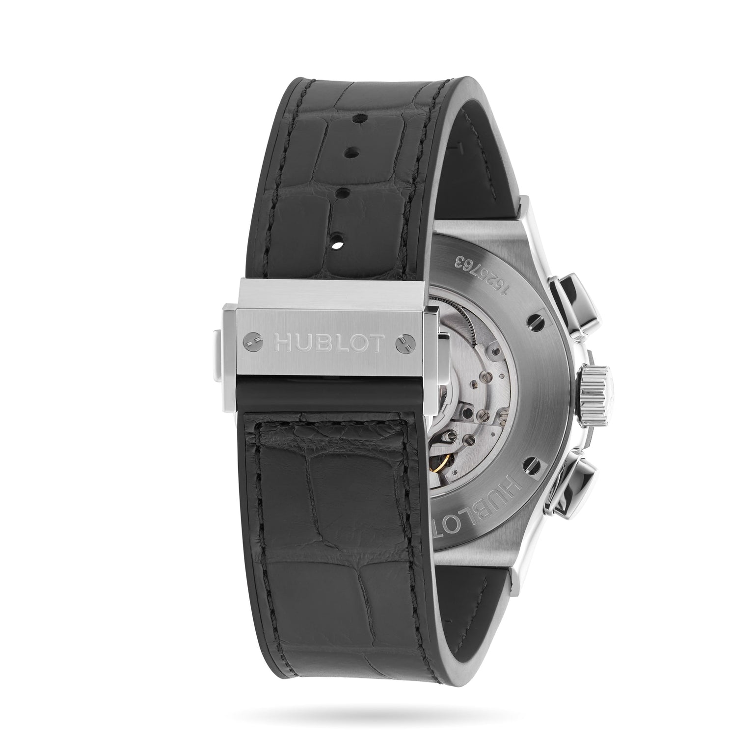 Back view of a Hublot Classic Fusion Chronograph Titanium featuring a black leather strap, titanium case, stainless steel clasp, and visible self-winding movement.