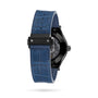 A close-up of the back of a Hublot Classic Fusion Ceramic Blue wristwatch with a blue alligator leather strap, black clasp, and partially visible transparent case back revealing the automatic movement.