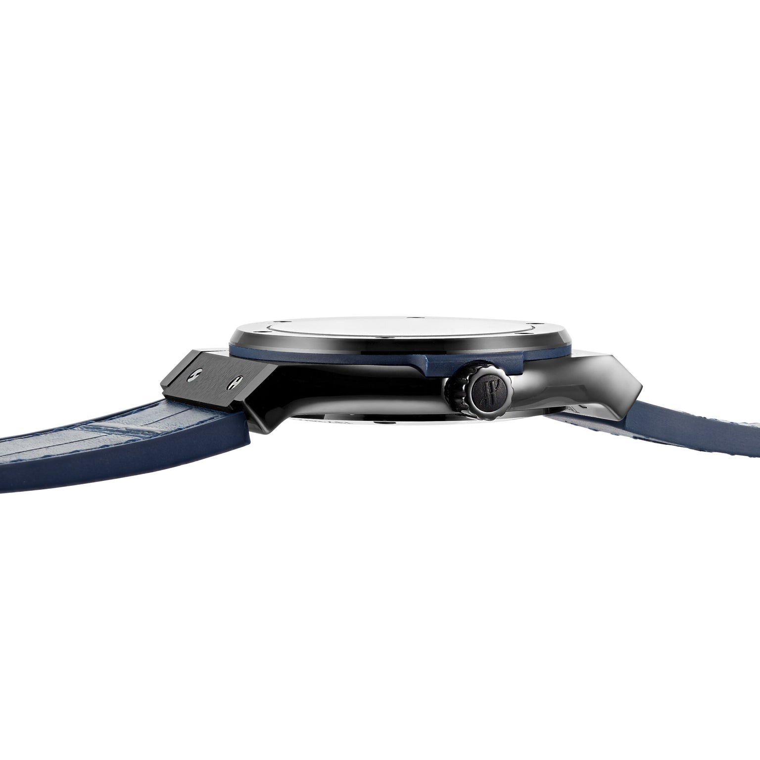 Side view of the Hublot Classic Fusion Ceramic Blue wristwatch with a round black ceramic case, crown, dark blue leather strap, and HUB1112 automatic movement, set against a white background.
