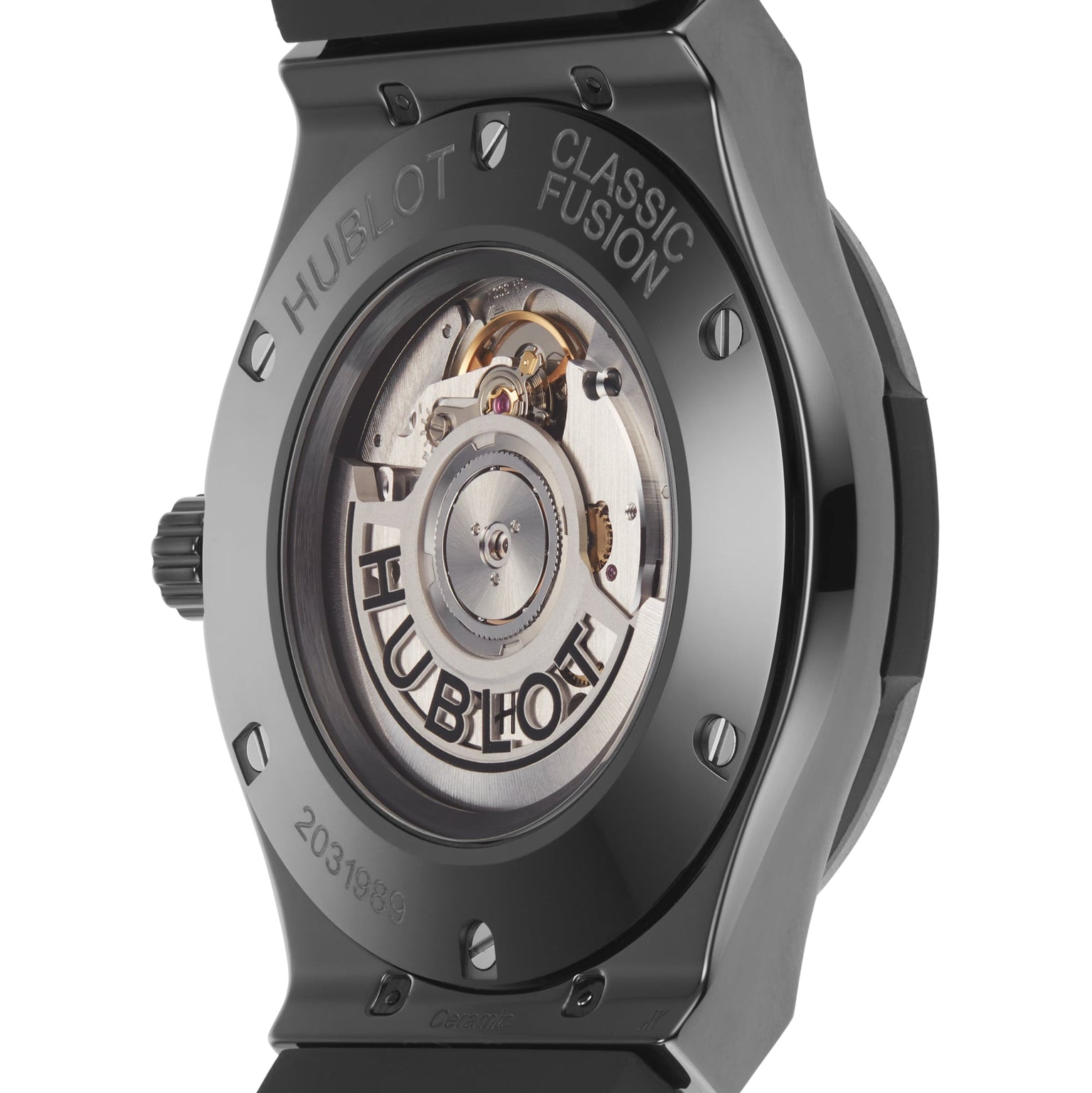 Close-up of the Hublot Classic Fusion Black Magic’s back, showcasing its black ceramic case and visible self-winding movement with engraved branding.