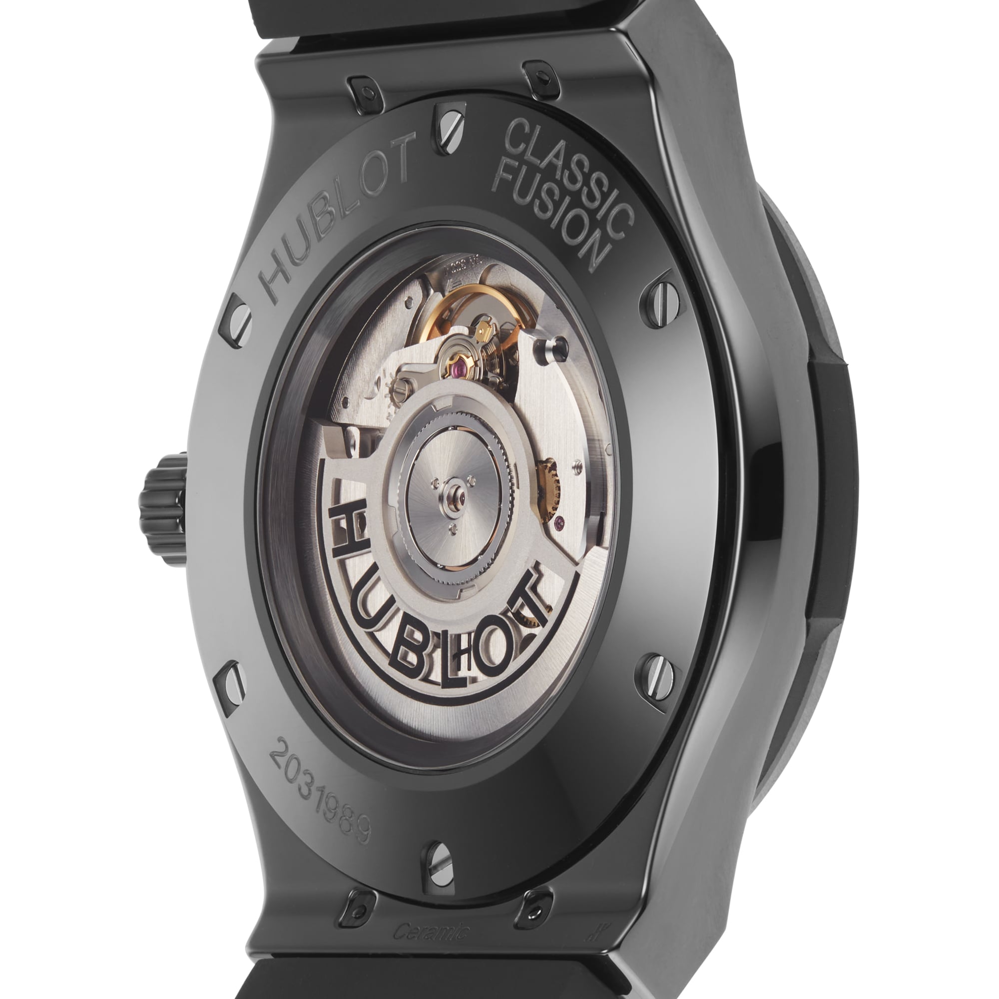 Close-up of the Hublot Classic Fusion Black Magic’s back, showcasing its black ceramic case and visible self-winding movement with engraved branding.