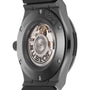 Close-up of the Hublot Classic Fusion Black Magic’s back, showcasing its black ceramic case and visible self-winding movement with engraved branding.