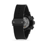 Back view of the Hublot Classic Fusion Chronograph Black Magic, showcasing its black rubber strap, black ceramic case, visible self-winding chronograph movement, and HUBLOT-engraved clasp.