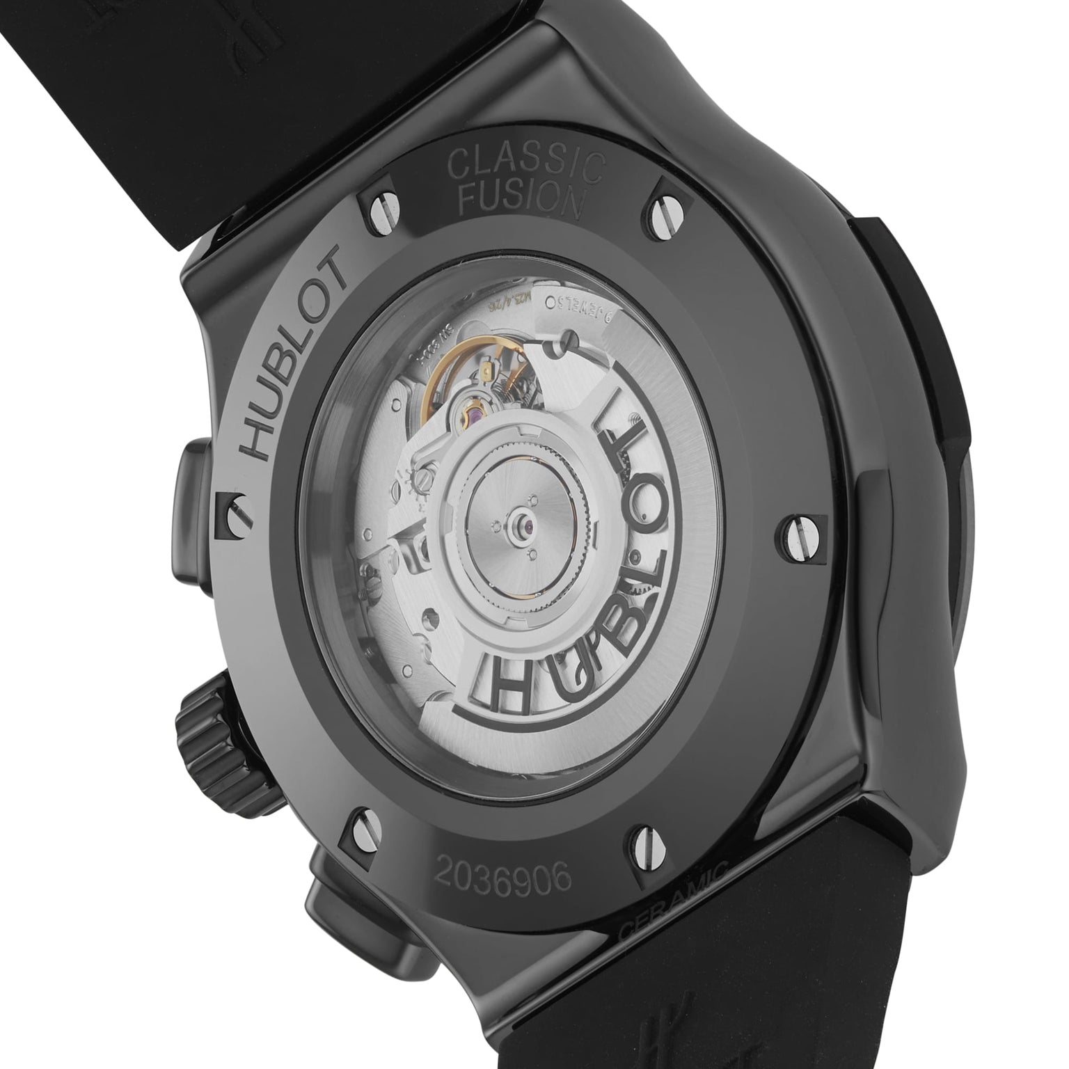 Close-up of the Hublot Classic Fusion Chronograph Black Magic’s back, showcasing its self-winding chronograph movement and engraved serial number inside a sleek black ceramic case.