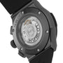 Close-up of the Hublot Classic Fusion Chronograph Black Magic’s back, showcasing its self-winding chronograph movement and engraved serial number inside a sleek black ceramic case.