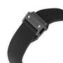 Close-up of the black rubber strap and metal clasp, engraved with Hublot, complementing the bold design of the Classic Fusion Black Magic crafted in black ceramic.