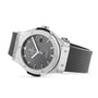 The Hublot Classic Fusion Racing Grey Titanium wristwatch features a titanium case, black rubber strap, racing grey sunray dial, date display, and silver hour markers, presented against a white background.