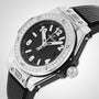 The Hublot Big Bang One Click Steel Diamonds features a diamond-studded bezel, black dial set at 10:09, and a black rubber strap—all crafted in stainless steel for bold elegance.