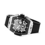 The Hublot Spirit Of Big Bang Titanium Ceramic wristwatch features a silver and black skeleton dial, rectangular black ceramic and titanium case, and a black rubber strap, displayed angled on a white background.