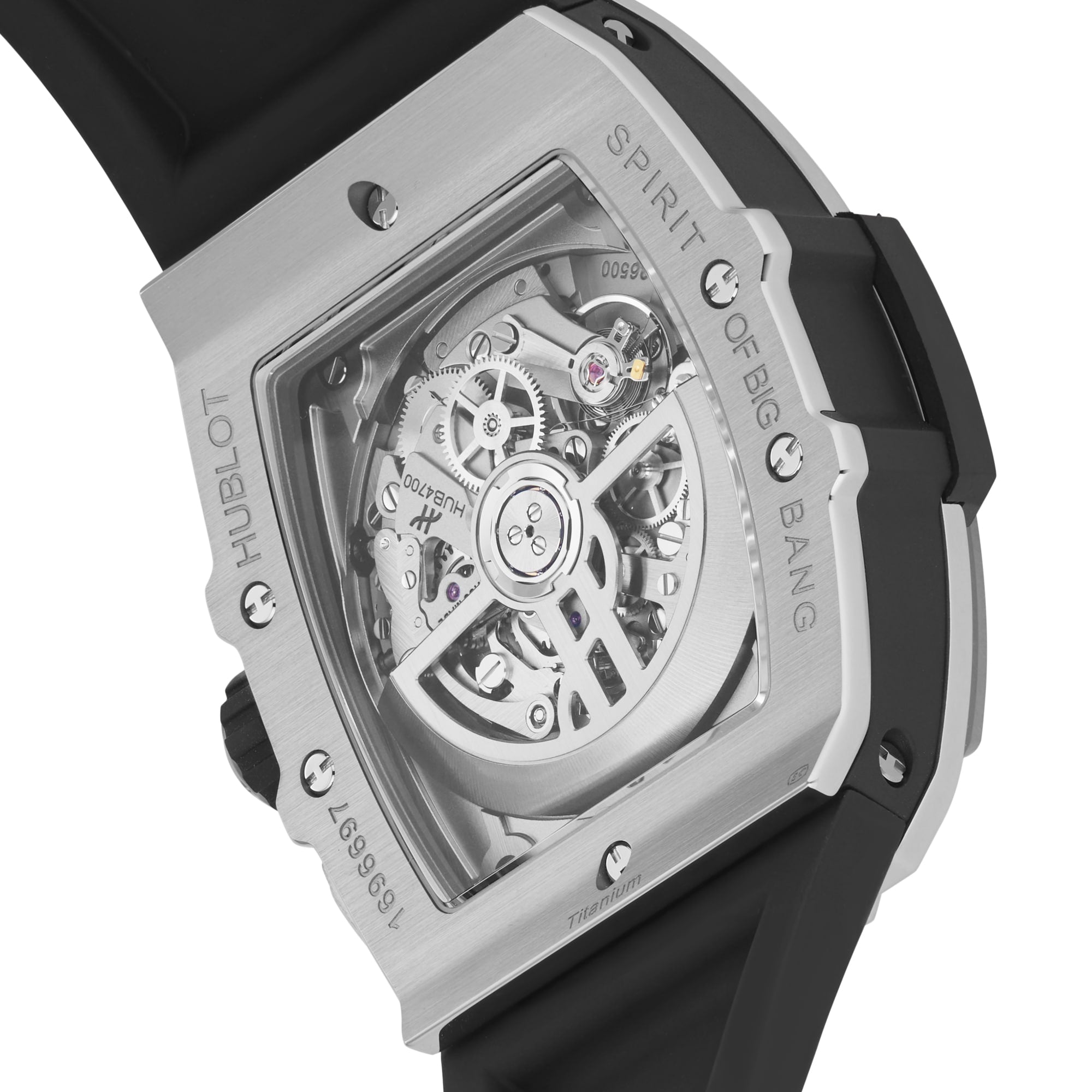 Close-up view of the Hublot Spirit Of Big Bang Titanium Ceramic, highlighting its exposed mechanical movement through a sapphire crystal caseback and featuring a black rubber strap with a titanium and black ceramic case.
