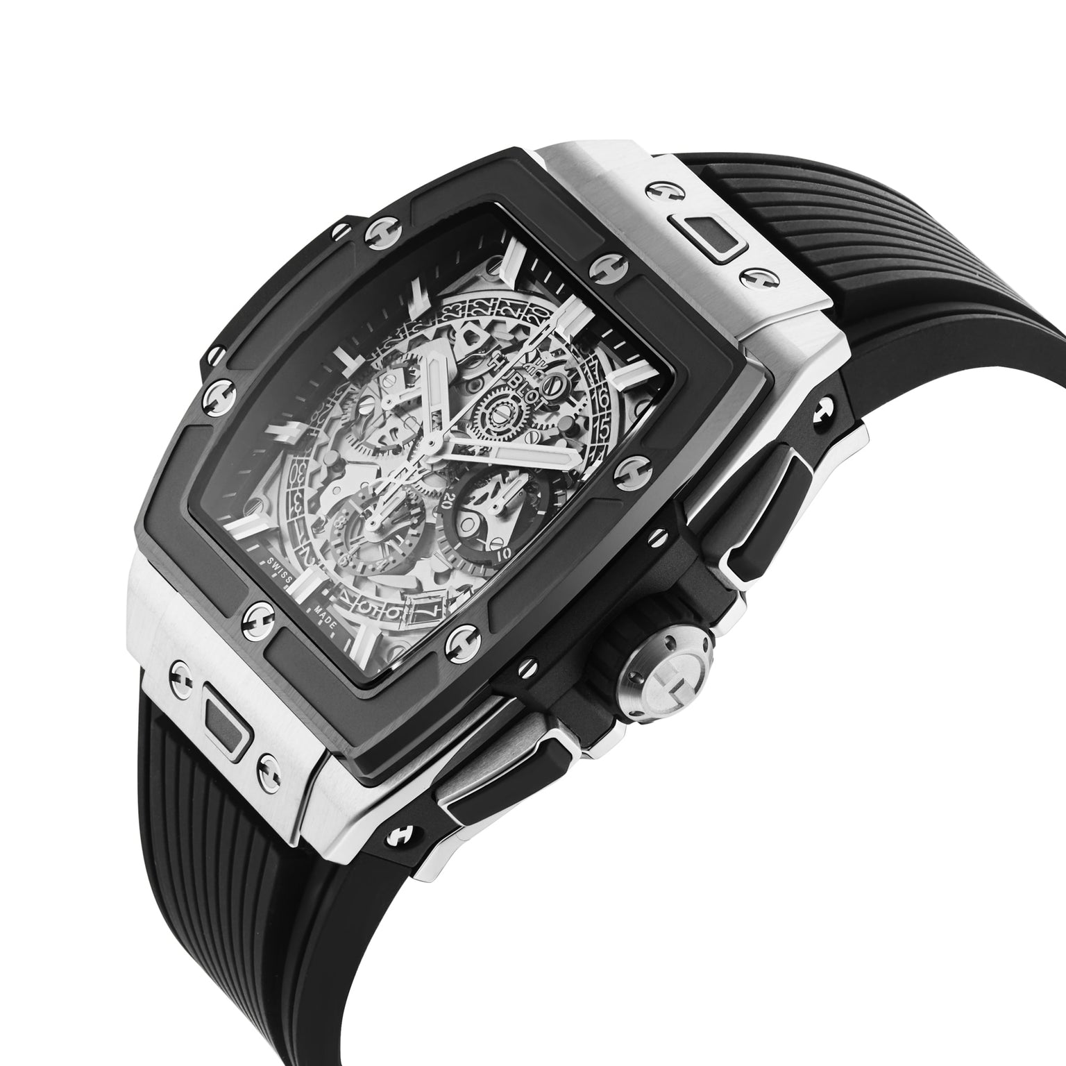 A close-up of the Hublot Spirit Of Big Bang Titanium Ceramic, a rectangular skeleton watch with a black rubber strap, silver and black bezel, exposed gears, and a sapphire crystal dial.