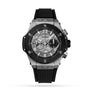 The Hublot Big Bang Unico Titanium Ceramic is a silver and black chronograph with a skeleton dial, black bezel, round case, and black rubber strap, displayed on a white background.