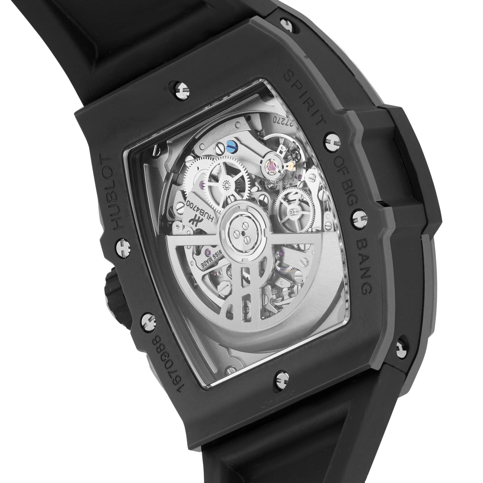 Close-up of the Hublot Spirit Of Big Bang Black Magic, featuring its exposed mechanical movement through a transparent case back and a sleek ceramic case.