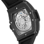 Close-up of the Hublot Spirit Of Big Bang Black Magic, featuring its exposed mechanical movement through a transparent case back and a sleek ceramic case.
