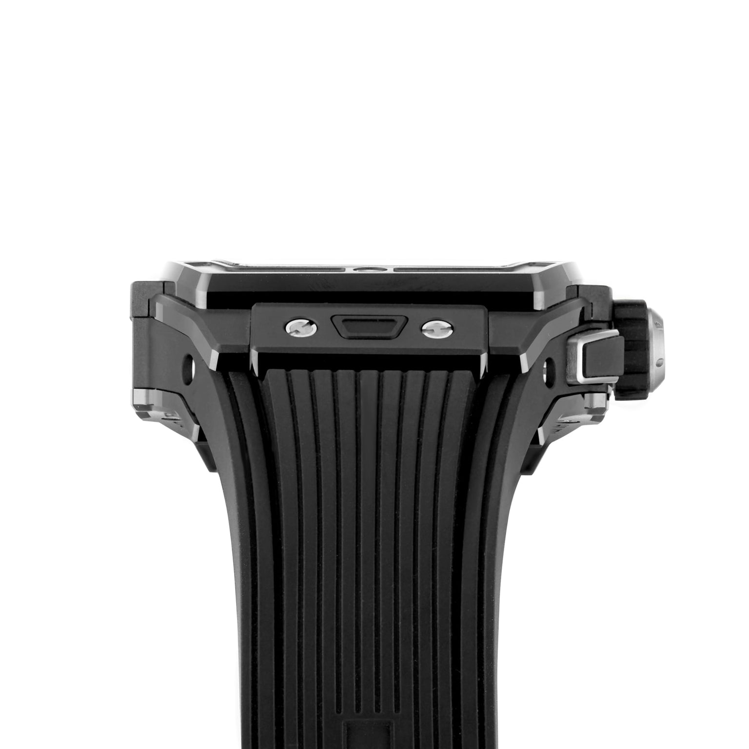 Close-up side view of the Hublot Spirit Of Big Bang Black Magic, featuring its black ceramic case, textured band, visible bezel, screws, and crown set against a white background.
