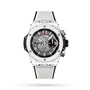 The Hublot Big Bang Unico White Ceramic is a white and black chronograph with a skeleton dial, silver bezel, high-tech ceramic details, and a ribbed white strap—shown on a plain white background.