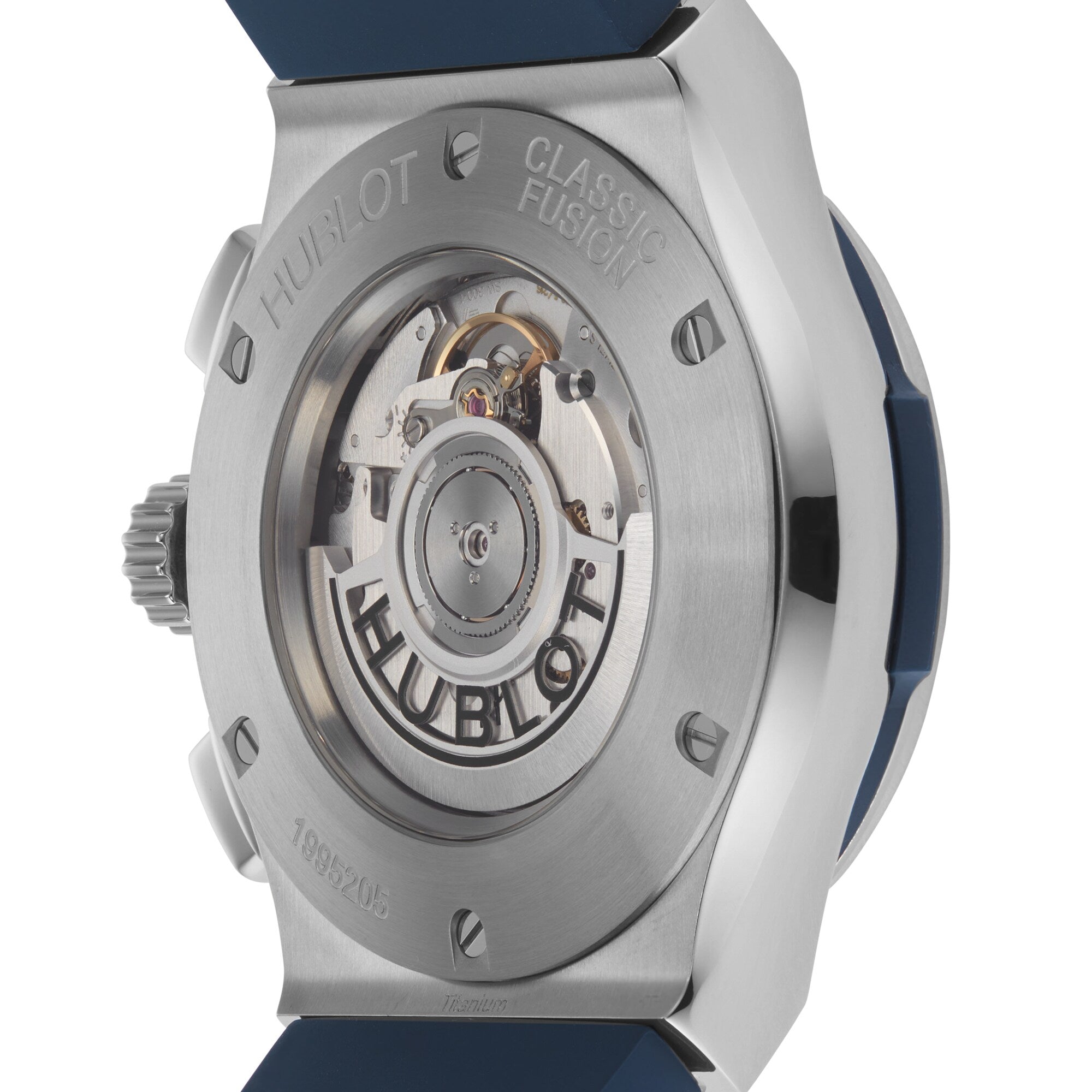 Close-up of the back of a Hublot Classic Fusion Chronograph Titanium Blue, with a titanium case and transparent caseback revealing the automatic movement and engraved branding.