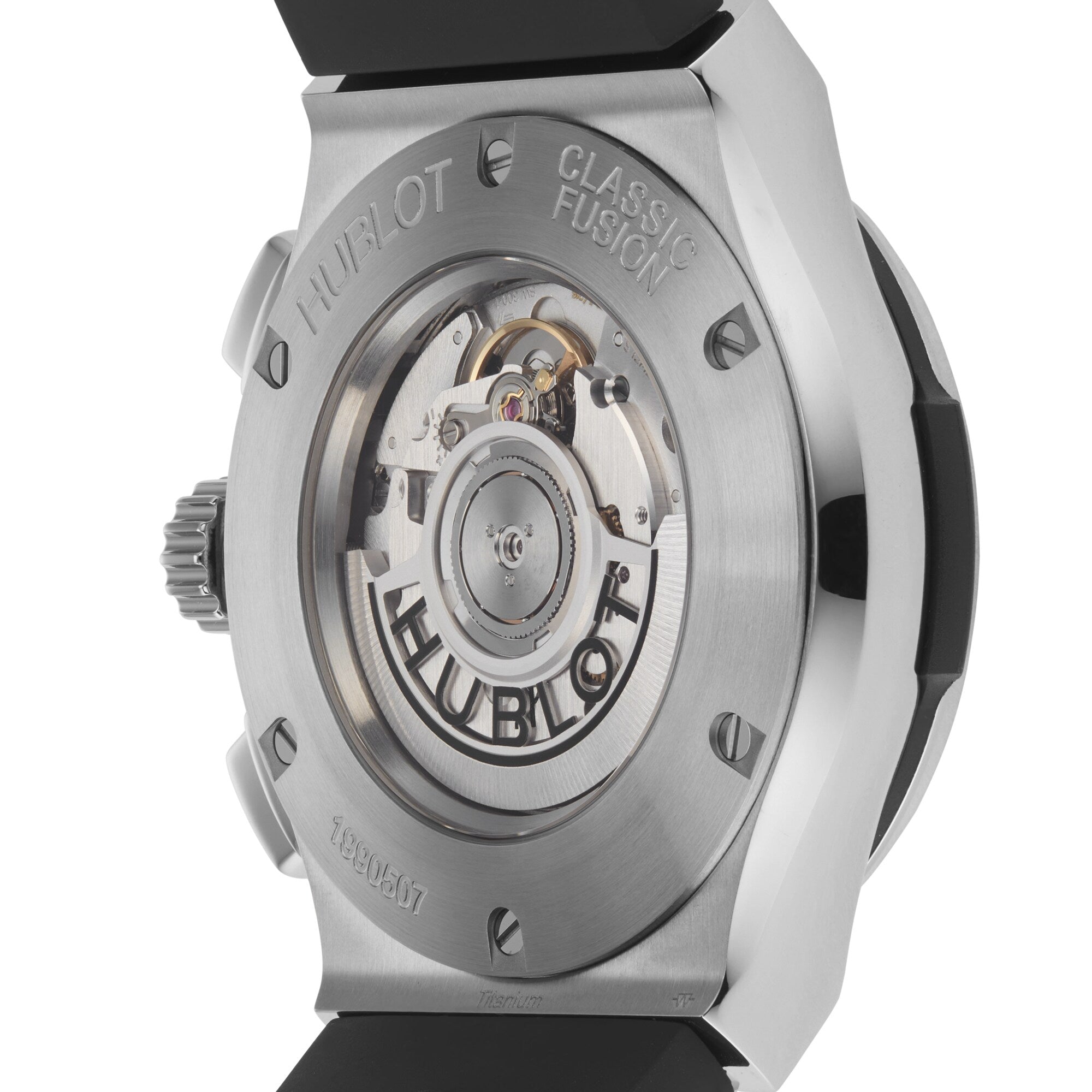 Close-up of the back of the Hublot Classic Fusion Chronograph Titanium, highlighting its automatic chronograph movement and engraved branding on the titanium case.