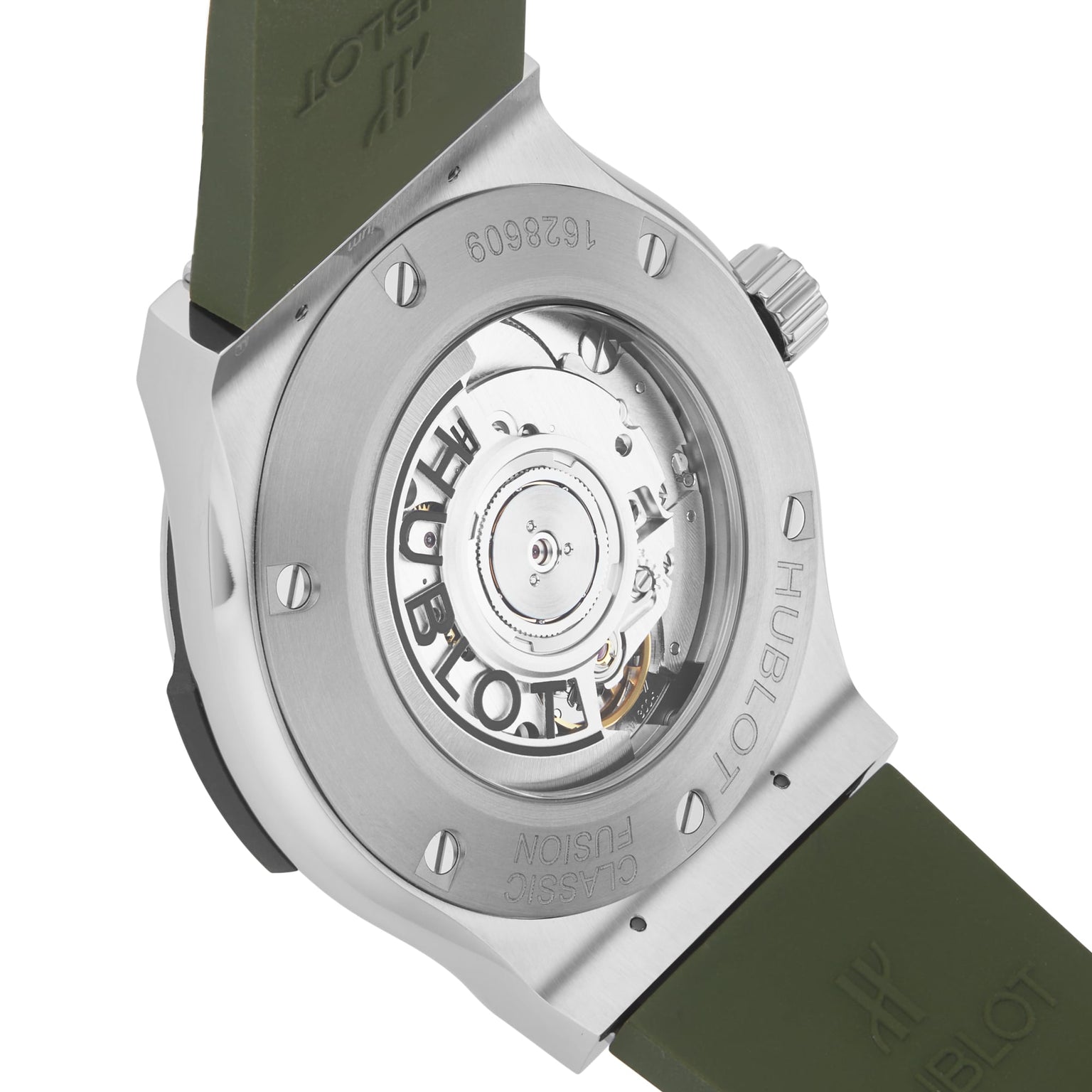 The back view of the Hublot Classic Fusion Titanium Green shows its exposed mechanical movement through a transparent case back, paired with a green strap and a titanium case.