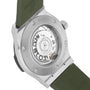The back view of the Hublot Classic Fusion Titanium Green shows its exposed mechanical movement through a transparent case back, paired with a green strap and a titanium case.