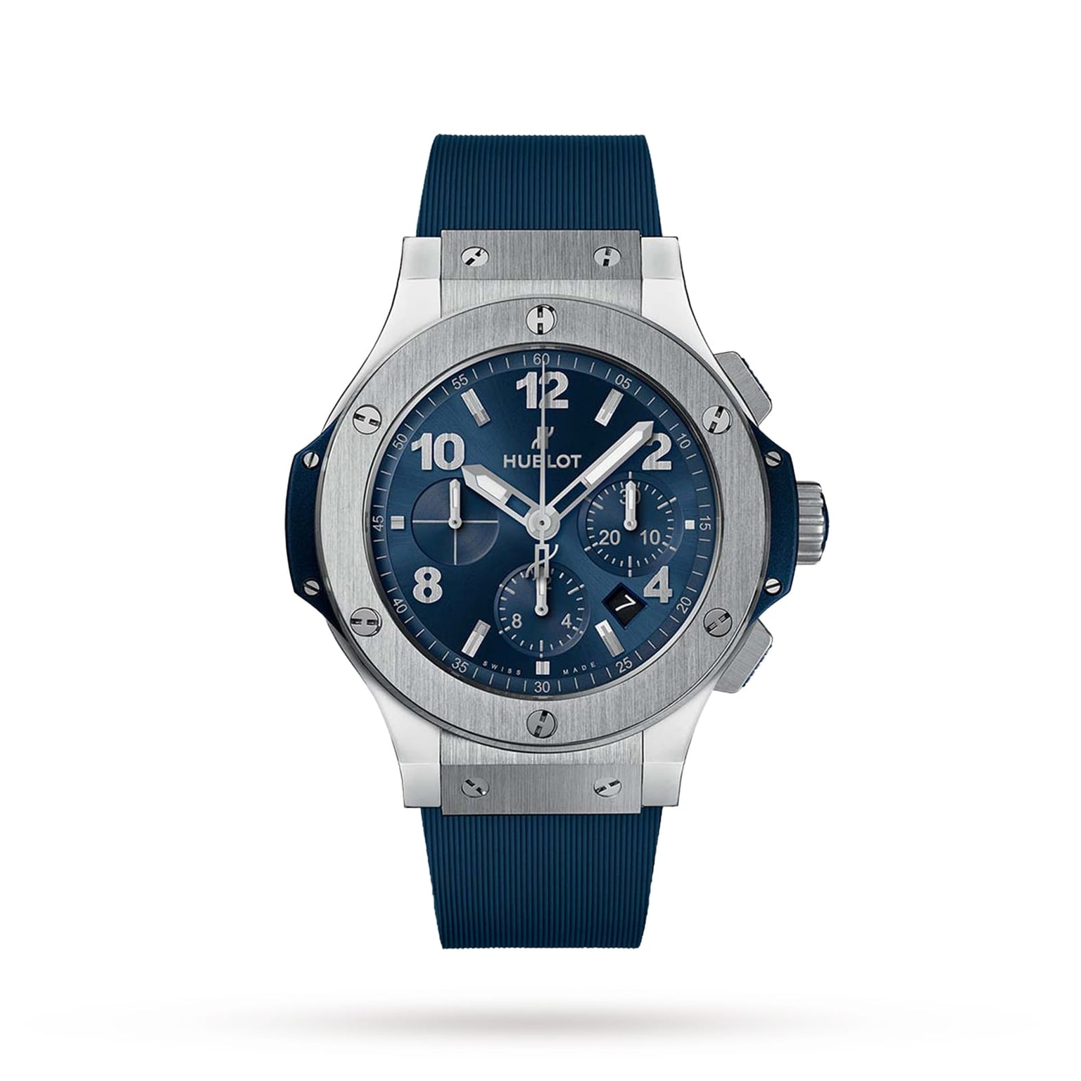A Hublot Big Bang Original Steel Blue automatic chronograph wristwatch with blue dial, Arabic numerals, and a blue rubber strap, shown on a white background.