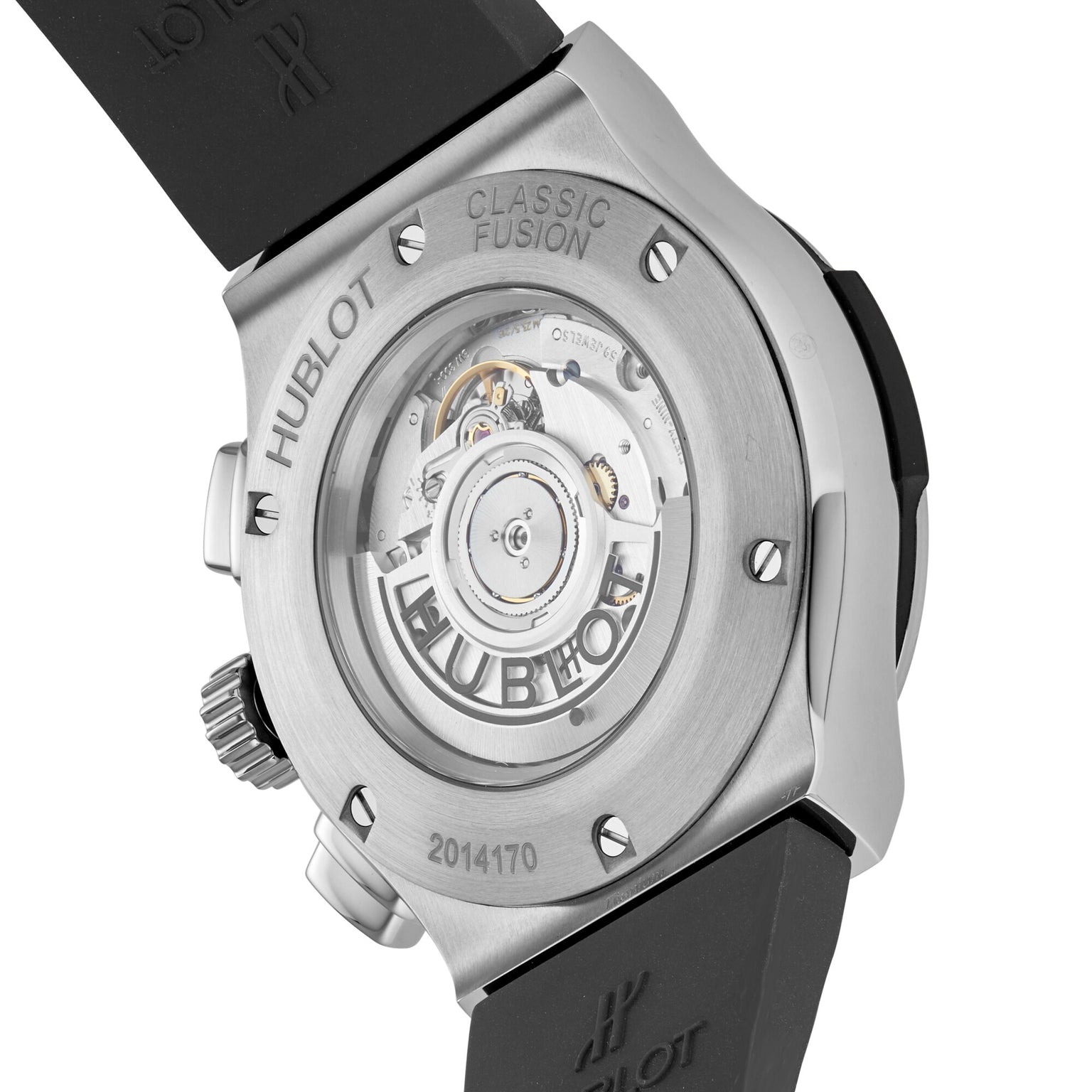 Close-up of the Hublot Classic Fusion Racing Grey Chronograph Titanium, showcasing its chronograph movement and intricate engravings on the titanium case back.