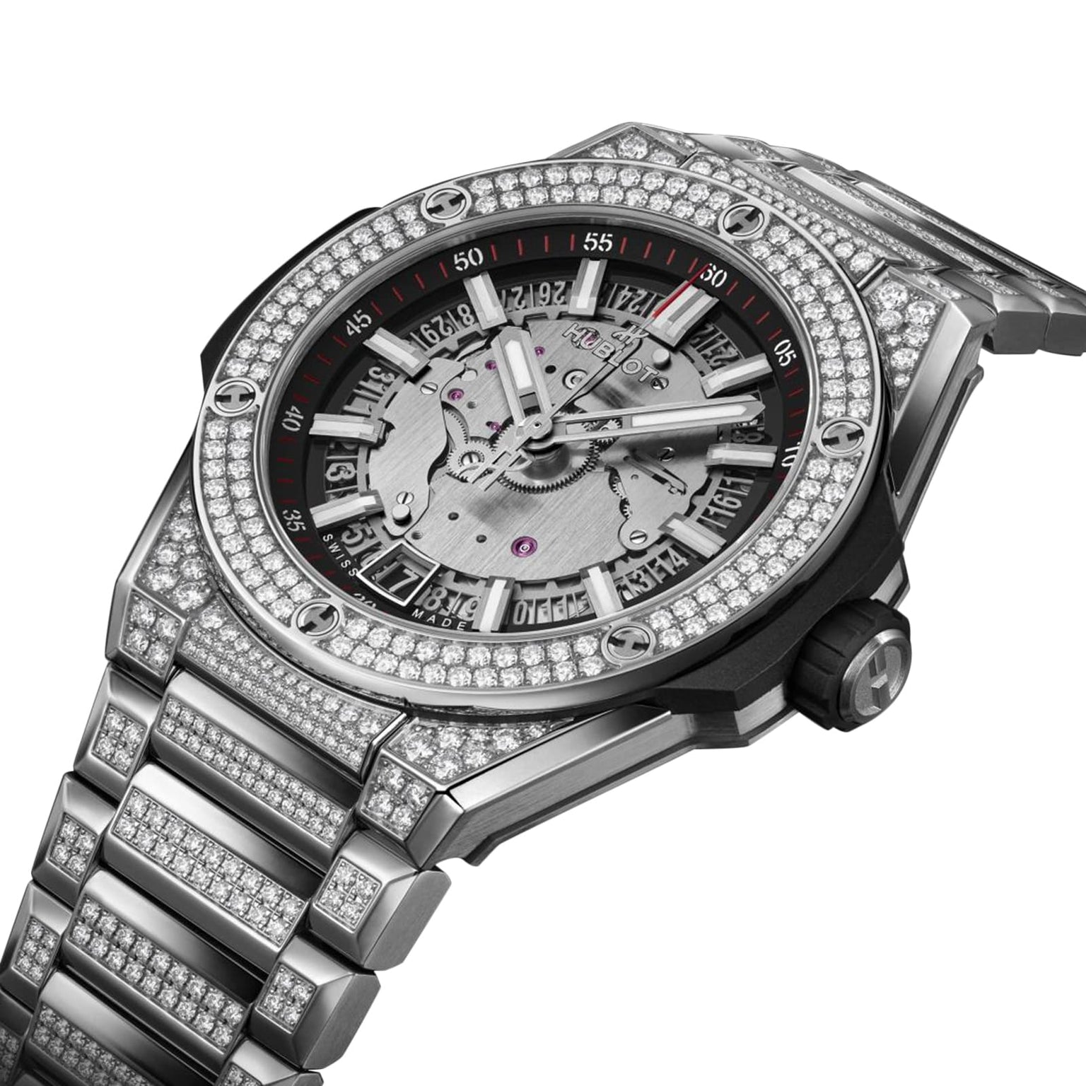 The Hublot Big Bang Integrated Time Only Titanium Pavé is a luxury silver wristwatch with a titanium case, skeleton dial, date display, and pavé-set diamonds on the bezel and bracelet for an exquisite appearance.
