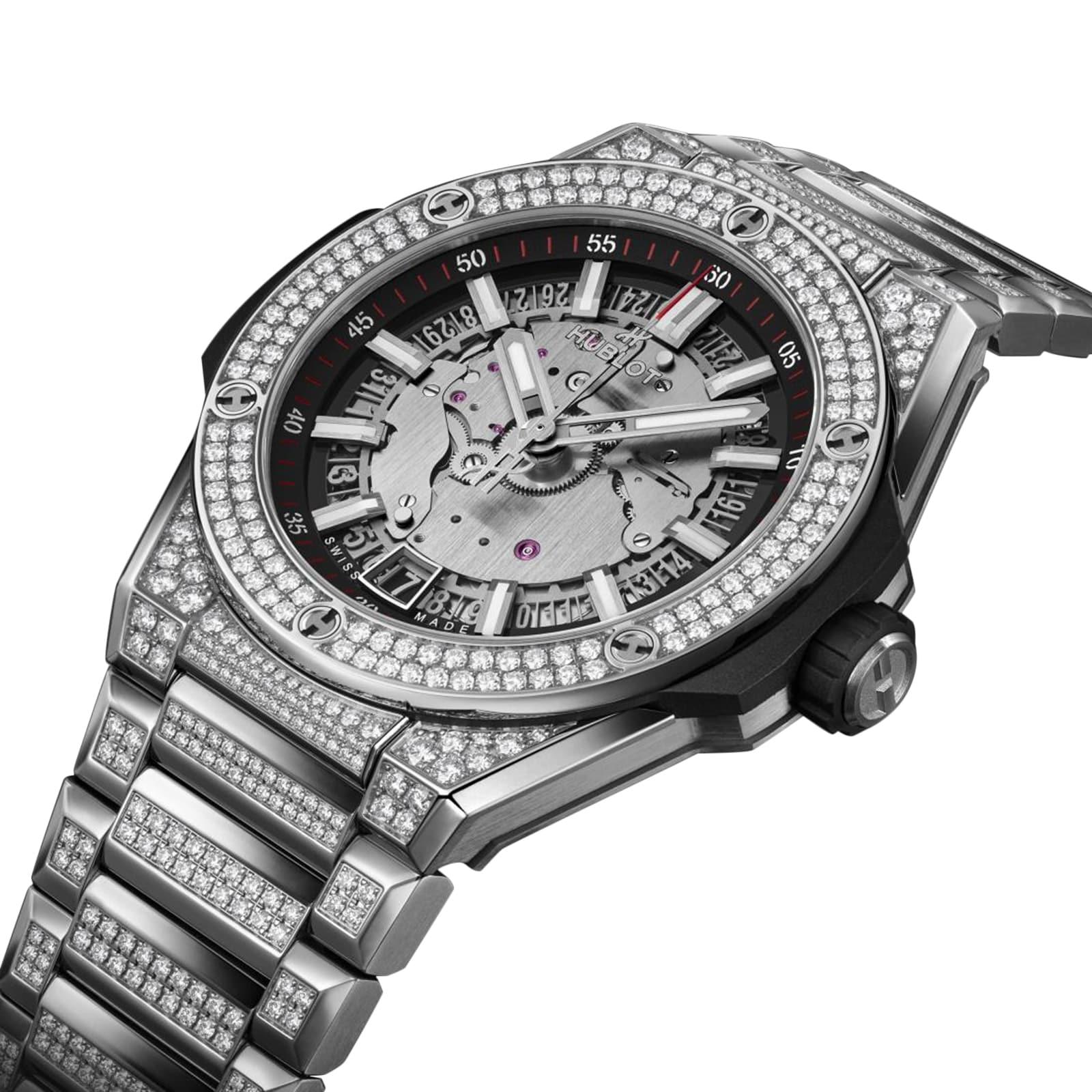 The Hublot Big Bang Integrated Time Only Titanium Pavé is a luxury silver wristwatch with a titanium case, skeleton dial, date display, and pavé-set diamonds on the bezel and bracelet for an exquisite appearance.