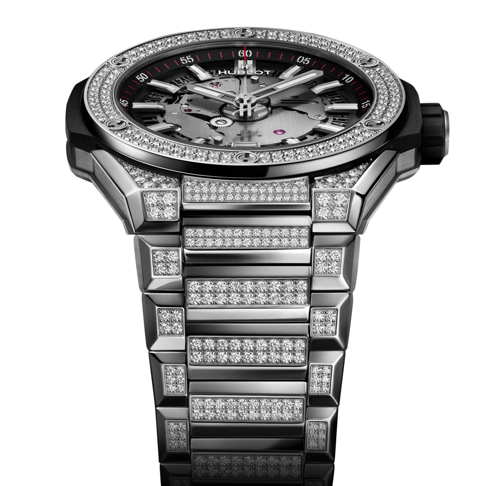The Hublot Big Bang Integrated Time Only Titanium Pavé is a luxury wristwatch with a diamond-encrusted bezel and bracelet, signature black and silver design, open dial details, and an elegant, durable titanium case.