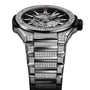 The Hublot Big Bang Integrated Time Only Titanium Pavé is a luxury wristwatch with a diamond-encrusted bezel and bracelet, signature black and silver design, open dial details, and an elegant, durable titanium case.