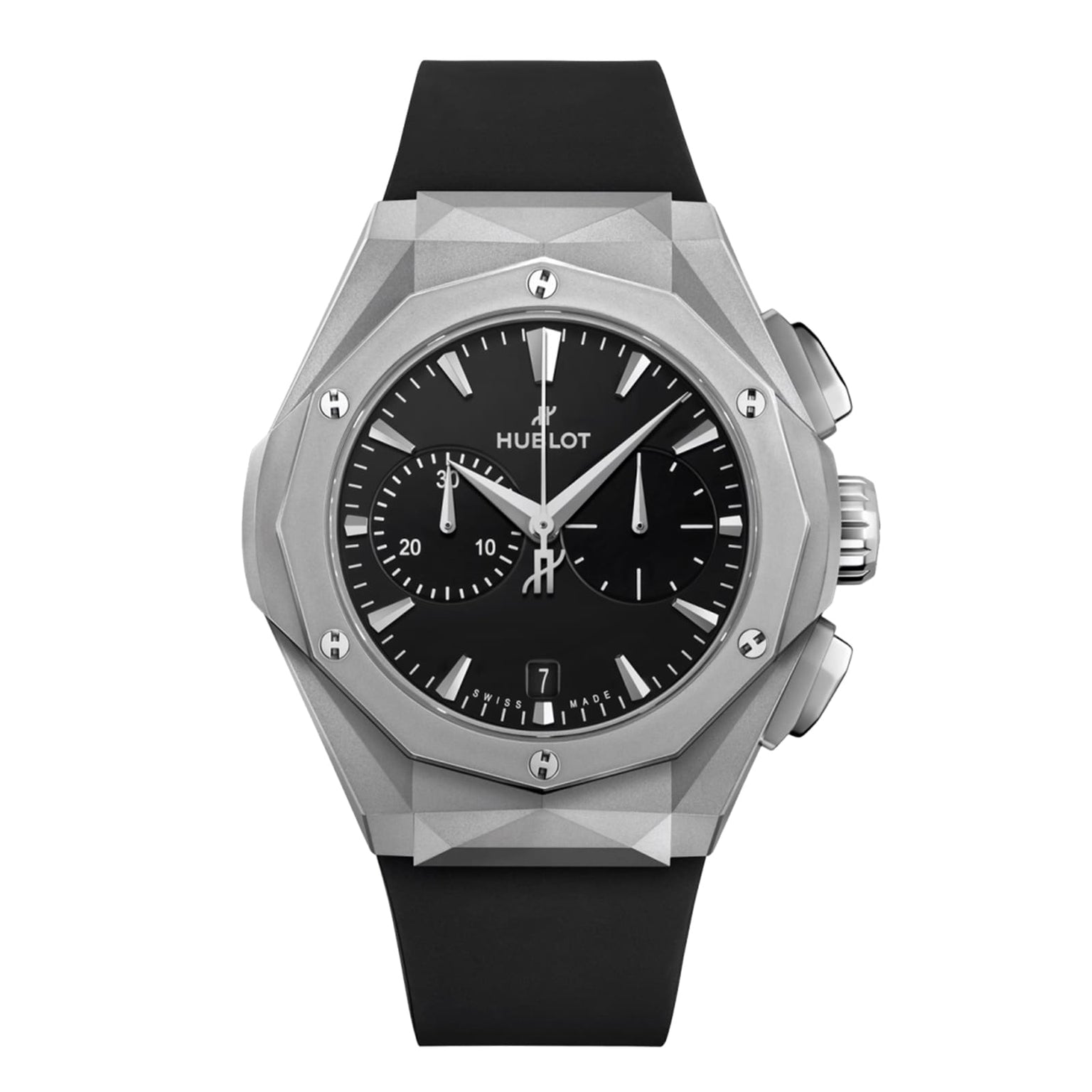 The Hublot Classic Fusion Chronograph Orlinski Titanium features a geometric silver case, black dial with chronograph subdials, date at 6 o’clock, and a sleek black rubber strap.