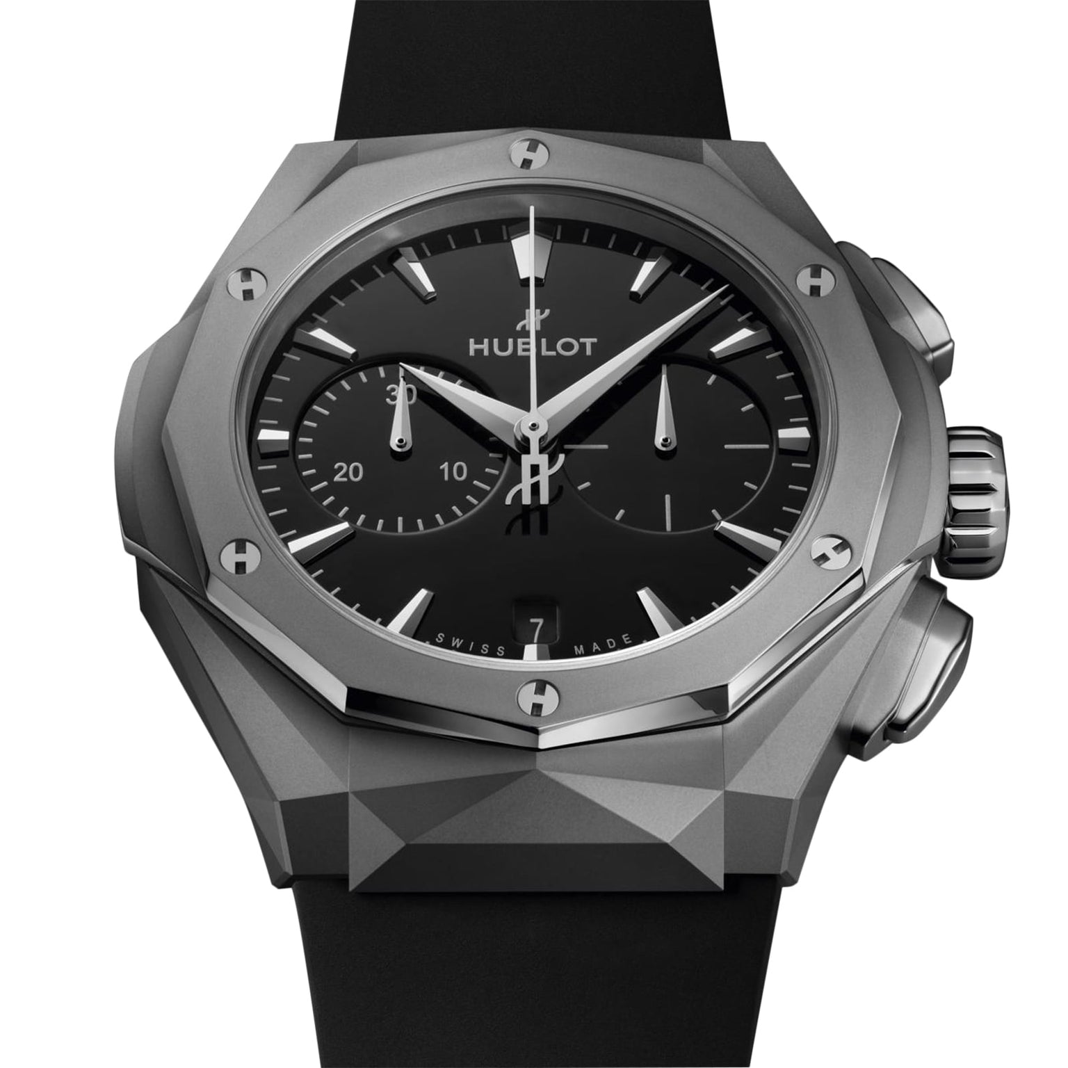 A close-up of a Hublot Classic Fusion Chronograph Orlinski Titanium with a geometric titanium case, black dial featuring chronograph subdials, and a sleek black strap.