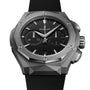 A close-up of a Hublot Classic Fusion Chronograph Orlinski Titanium with a geometric titanium case, black dial featuring chronograph subdials, and a sleek black strap.