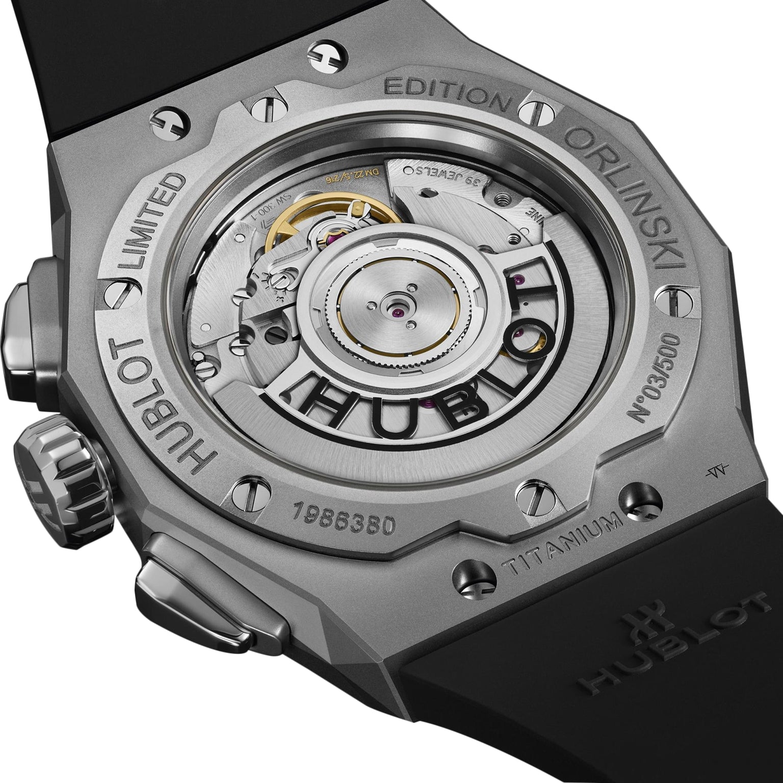 Close-up of the back of the Hublot Classic Fusion Chronograph Orlinski Titanium, highlighting its exposed mechanical movement and engraved case details.