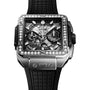 The Hublot Square Bang Unico Titanium Diamonds features a titanium case, skeleton dial, diamond-set bezel, chronograph subdials, and a black textured rubber strap.