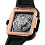 Close-up of the Hublot Square Bang Unico King Gold Diamonds, showcasing its Unico movement through a transparent case with rose gold and titanium accents.