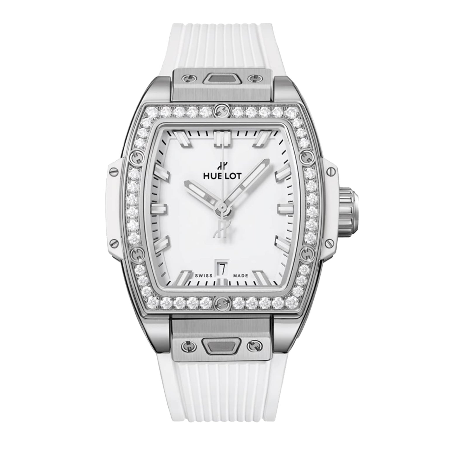 The Hublot Spirit Of Big Bang Steel White Diamonds watch features a white dial, diamond-set bezel, self-winding movement, and a white textured strap, shown against a plain background.