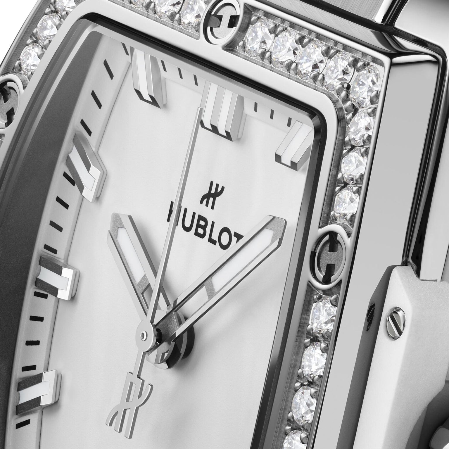 Close-up of a Hublot Spirit Of Big Bang Steel White Diamonds watch, featuring a diamond bezel and metallic hour markers, showing the time at about 10:08.