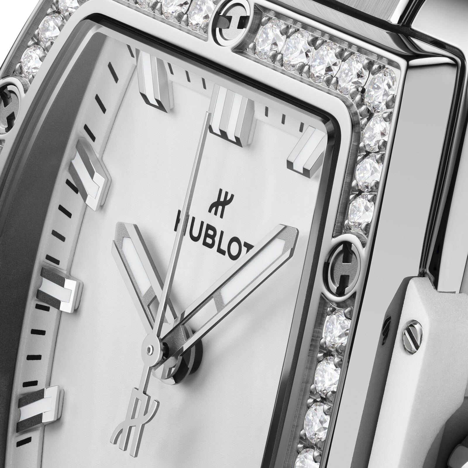 Close-up of a Hublot Spirit Of Big Bang Steel White Diamonds watch, featuring a diamond bezel and metallic hour markers, showing the time at about 10:08.