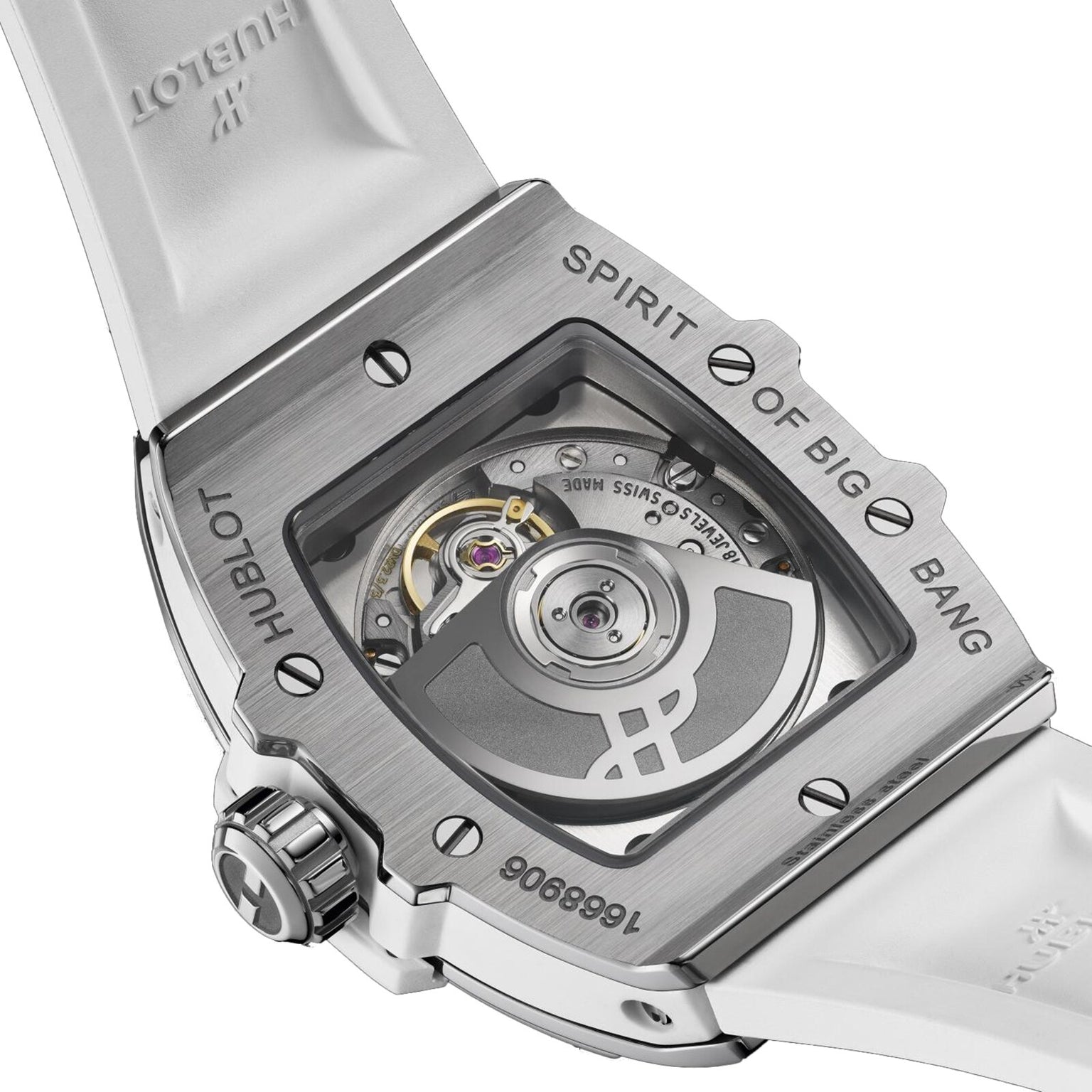 Close-up of the back of a Hublot Spirit Of Big Bang Steel White Diamonds watch, highlighting its self-winding movement through a transparent case back and featuring a white strap.